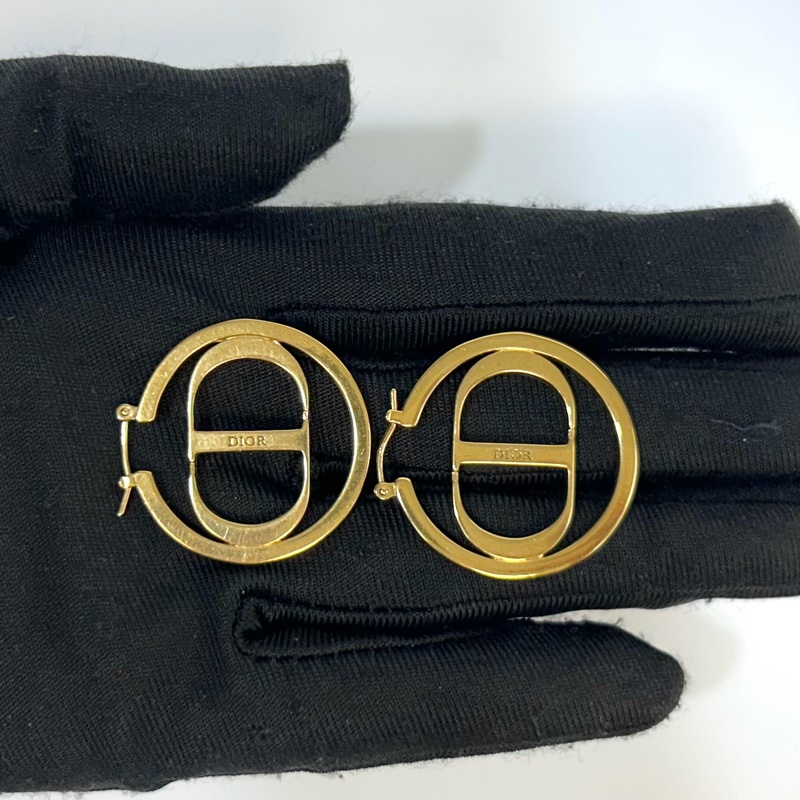 DIOR金色CD字母圈型鑲鑽針式耳環-7