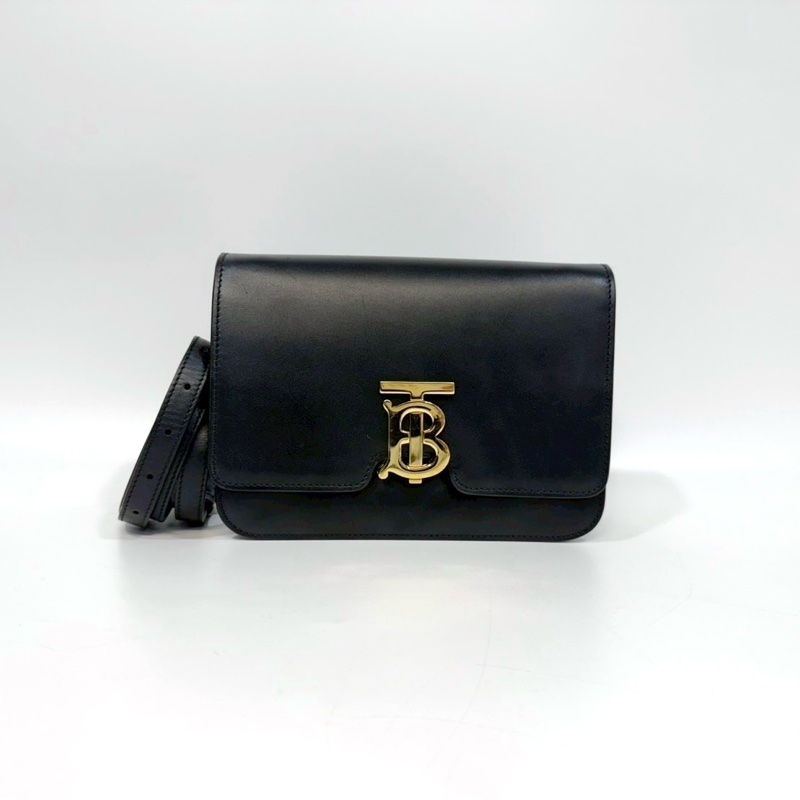 BURBERRY黑金滑面小牛皮TB釦側背包8010334-1