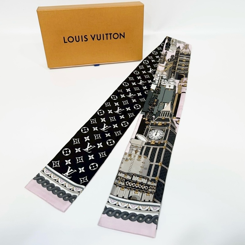 LV粉黑LOGO箱包造型雙面長絲巾M76973-0