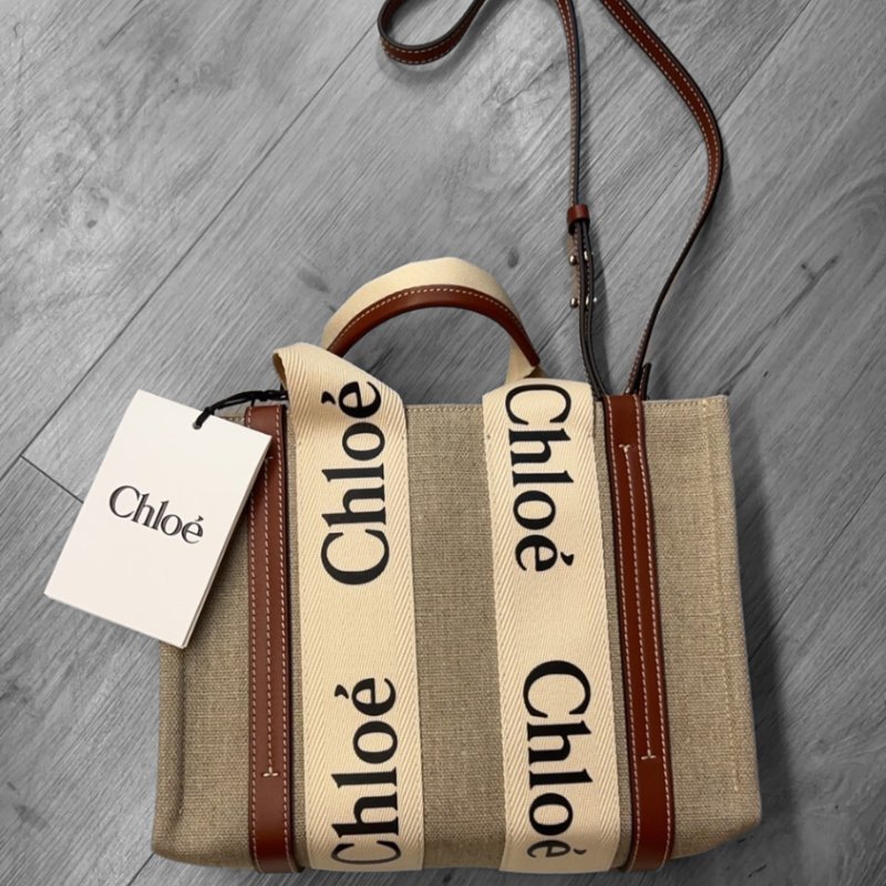 🎁雙11送禮自用兩相宜🎁 全新正品【 Chloe’ 蔻依 】WOODY TOTE BAG 帆布兩用托特包(小號/焦糖色)(下單前須先私訊)-0