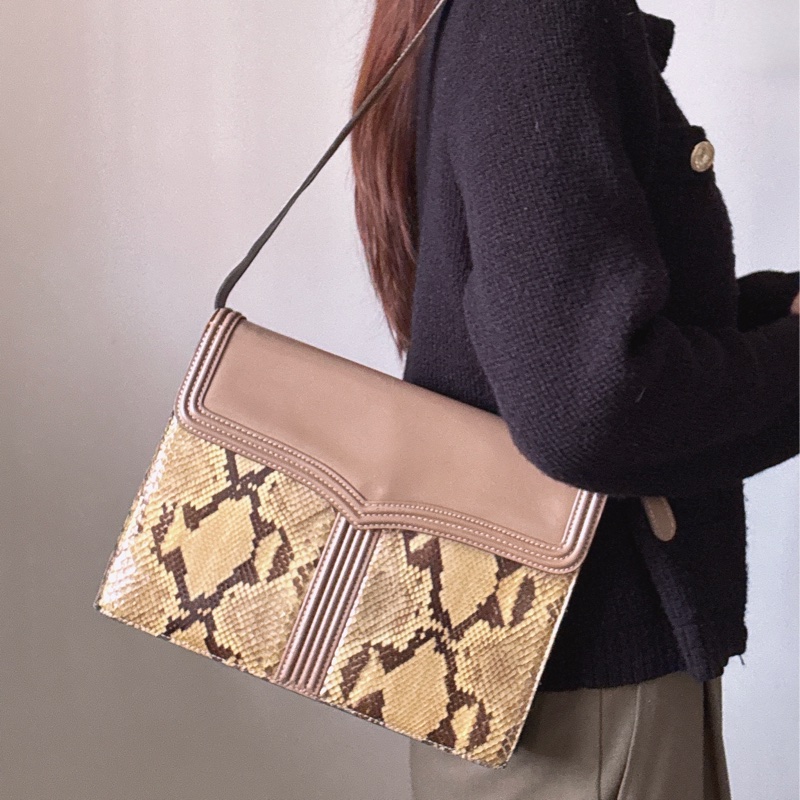 中古 YSL真皮腋下包 單肩包 風琴包 杏色卡其色-0