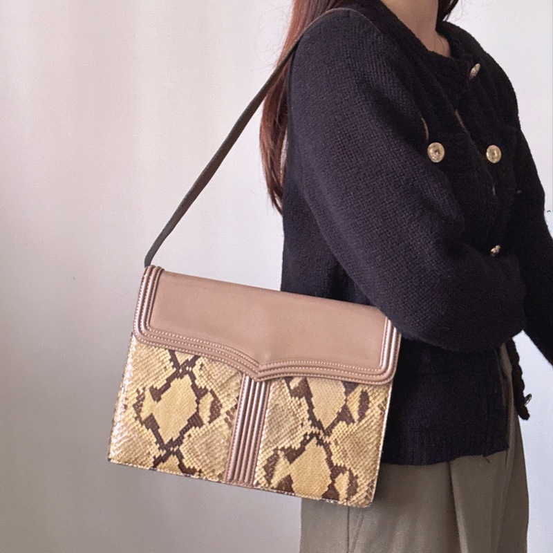 中古 YSL真皮腋下包 單肩包 風琴包 杏色卡其色-1