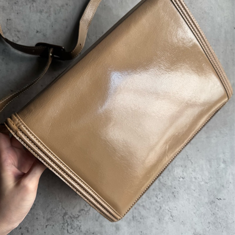 中古 YSL真皮腋下包 單肩包 風琴包 杏色卡其色-8