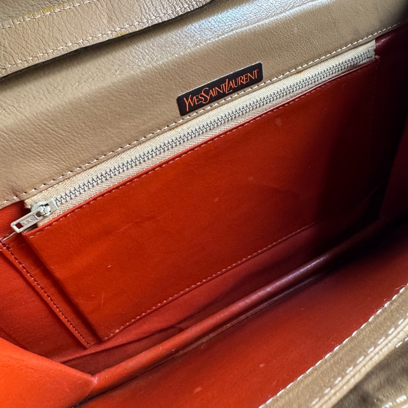 中古 YSL真皮腋下包 單肩包 風琴包 杏色卡其色-16