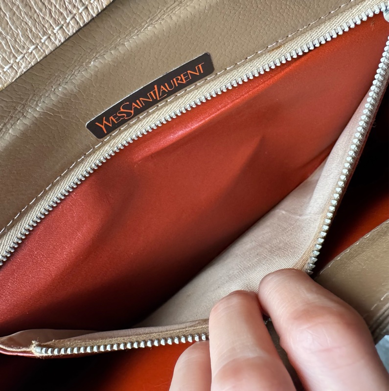 中古 YSL真皮腋下包 單肩包 風琴包 杏色卡其色-18