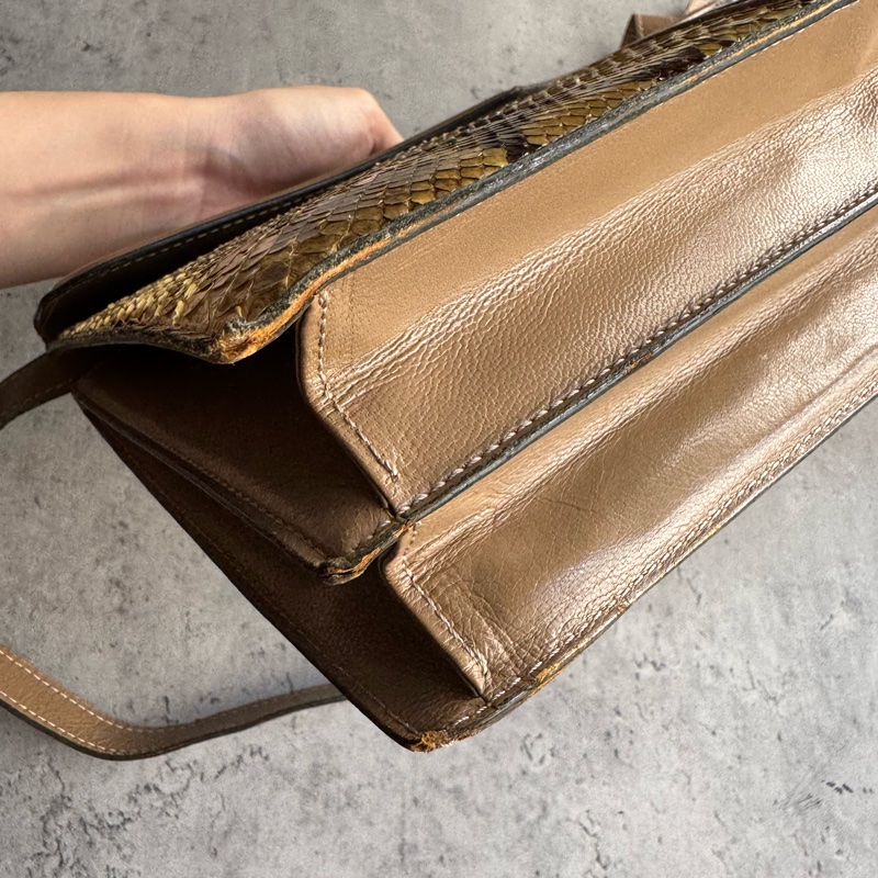 中古 YSL真皮腋下包 單肩包 風琴包 杏色卡其色-19