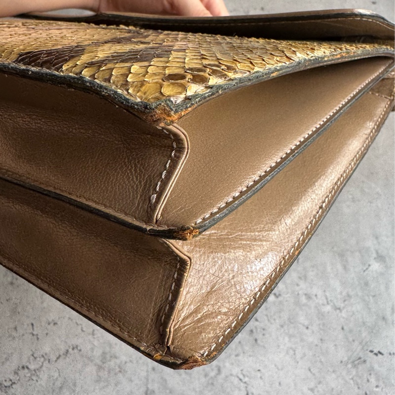 中古 YSL真皮腋下包 單肩包 風琴包 杏色卡其色-20