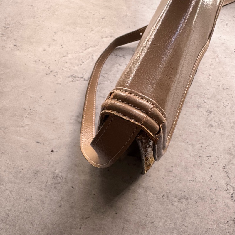 中古 YSL真皮腋下包 單肩包 風琴包 杏色卡其色-22