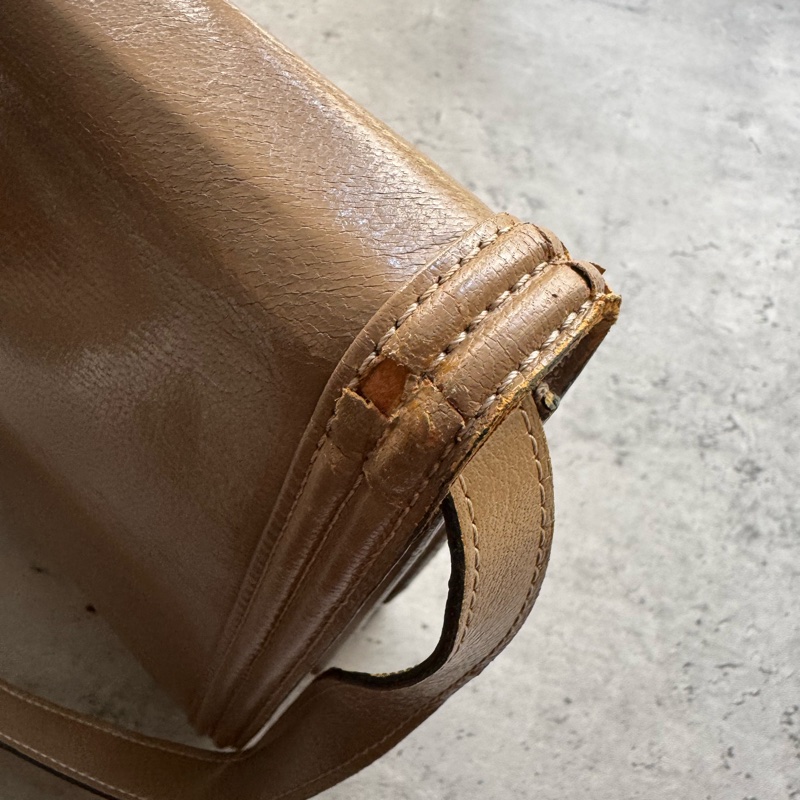 中古 YSL真皮腋下包 單肩包 風琴包 杏色卡其色-25