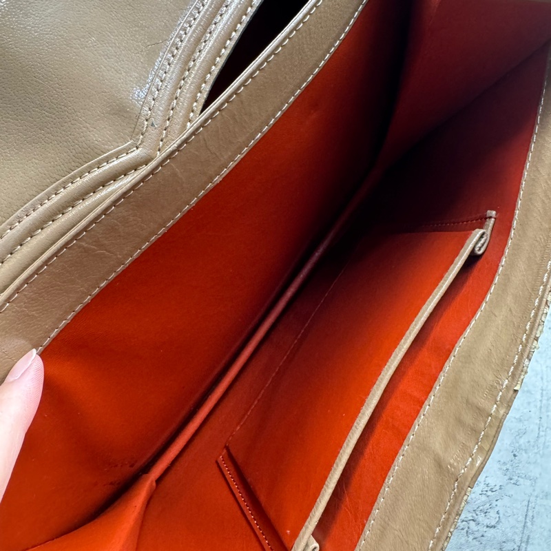 中古 YSL真皮腋下包 單肩包 風琴包 杏色卡其色-28