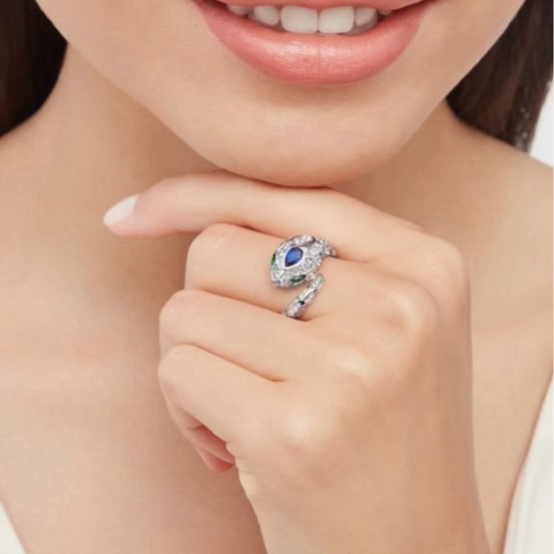 BVLGARI 宝格丽蓝宝石白金蛇头戒指-6