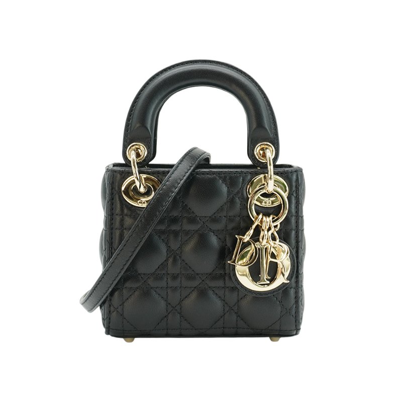 Dior 展示品 Lady Dior Micro 籐格紋羊皮金釦迷你二用包(黑)-1
