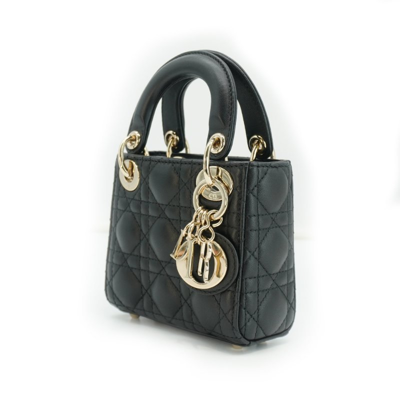 Dior 展示品 Lady Dior Micro 籐格紋羊皮金釦迷你二用包(黑)-2