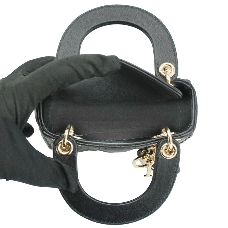 Dior 展示品 Lady Dior Micro 籐格紋羊皮金釦迷你二用包(黑)-5