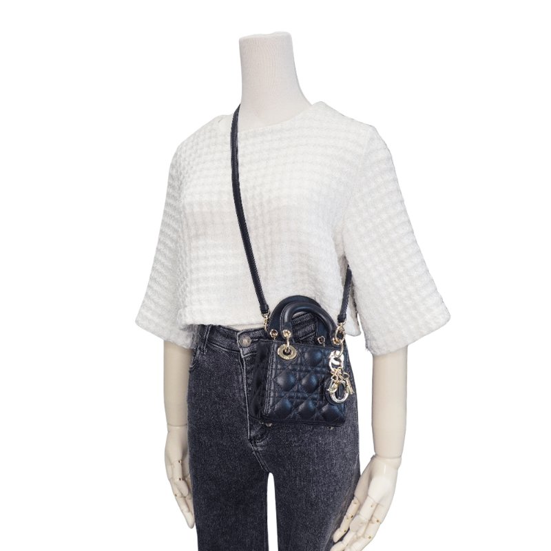 Dior 展示品 Lady Dior Micro 籐格紋羊皮金釦迷你二用包(黑)-6