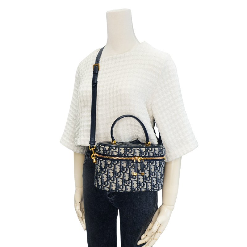 Dior 展示品 Signature Vanity 小牛皮拚緹花中型二用化妝箱(藍)-5