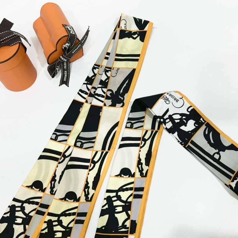 HERMES黃邊黑色皮環造型Brides twilly一對-3