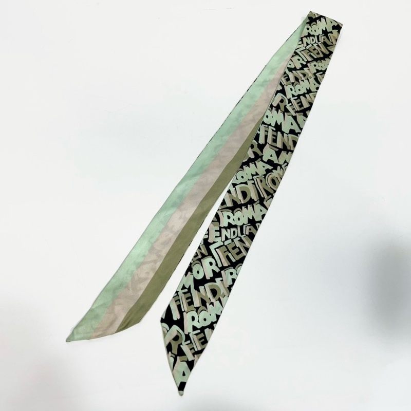 FENDI淺綠條紋三拚色字母塗鴉雙面Twilly絲巾-0