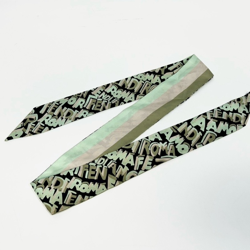 FENDI淺綠條紋三拚色字母塗鴉雙面Twilly絲巾-1