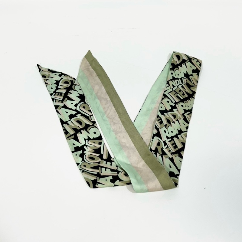 FENDI淺綠條紋三拚色字母塗鴉雙面Twilly絲巾-2