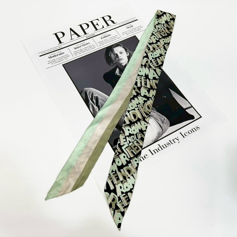 FENDI淺綠條紋三拚色字母塗鴉雙面Twilly絲巾-3