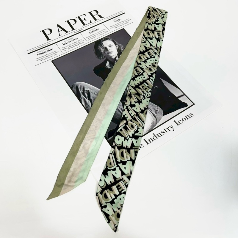 FENDI淺綠條紋三拚色字母塗鴉雙面Twilly絲巾-4