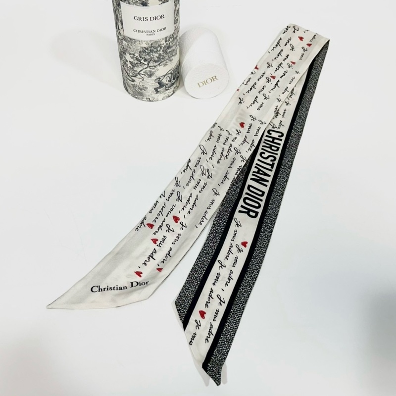 DIOR絲巾白底黑字愛心Twilly 45ADO1061608-0