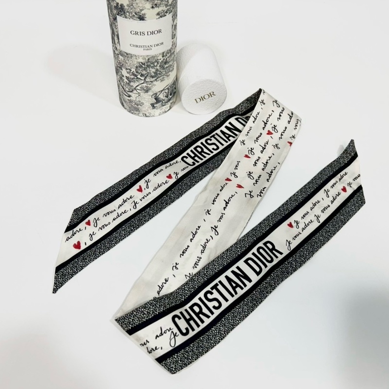 DIOR絲巾白底黑字愛心Twilly 45ADO1061608-1
