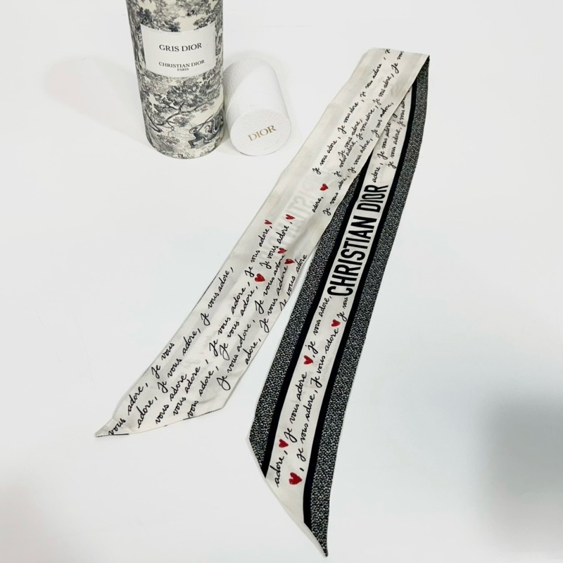DIOR絲巾白底黑字愛心Twilly 45ADO1061608-2