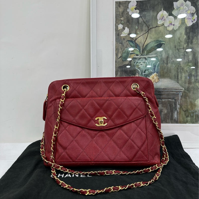 Chanel 香奈兒 vintage 中古魚子醬紅金肩包-0