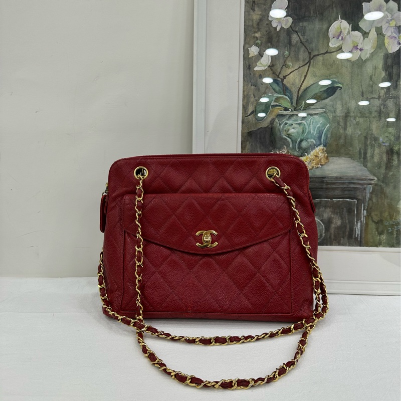 Chanel 香奈兒 vintage 中古魚子醬紅金肩包-1