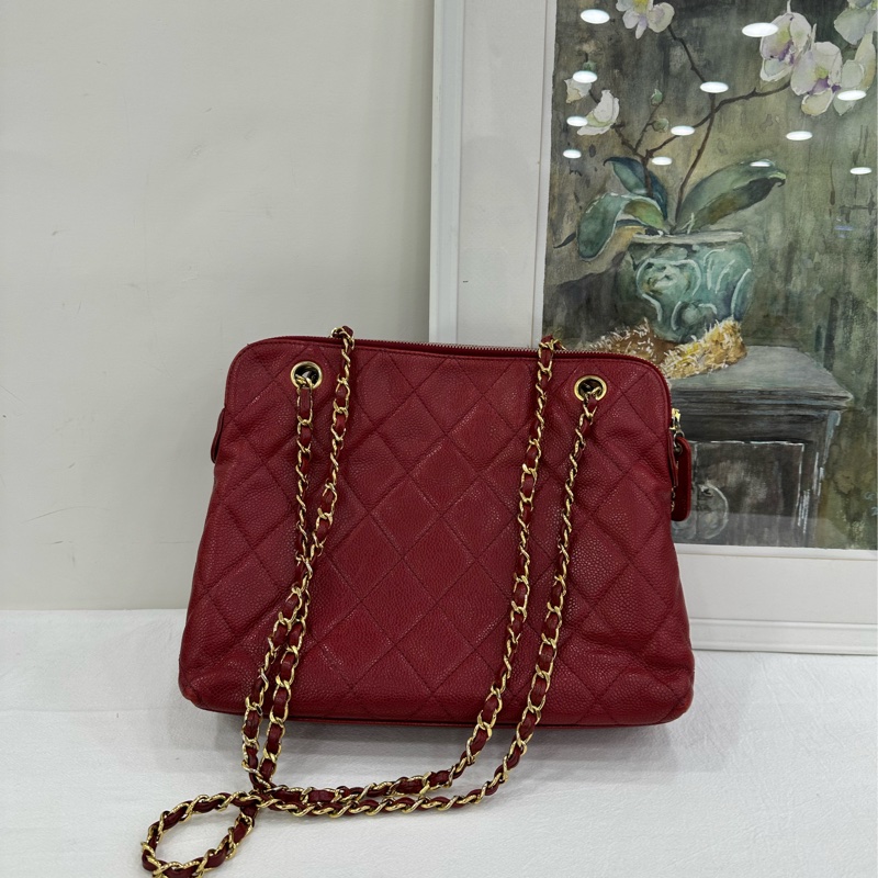 Chanel 香奈兒 vintage 中古魚子醬紅金肩包-2