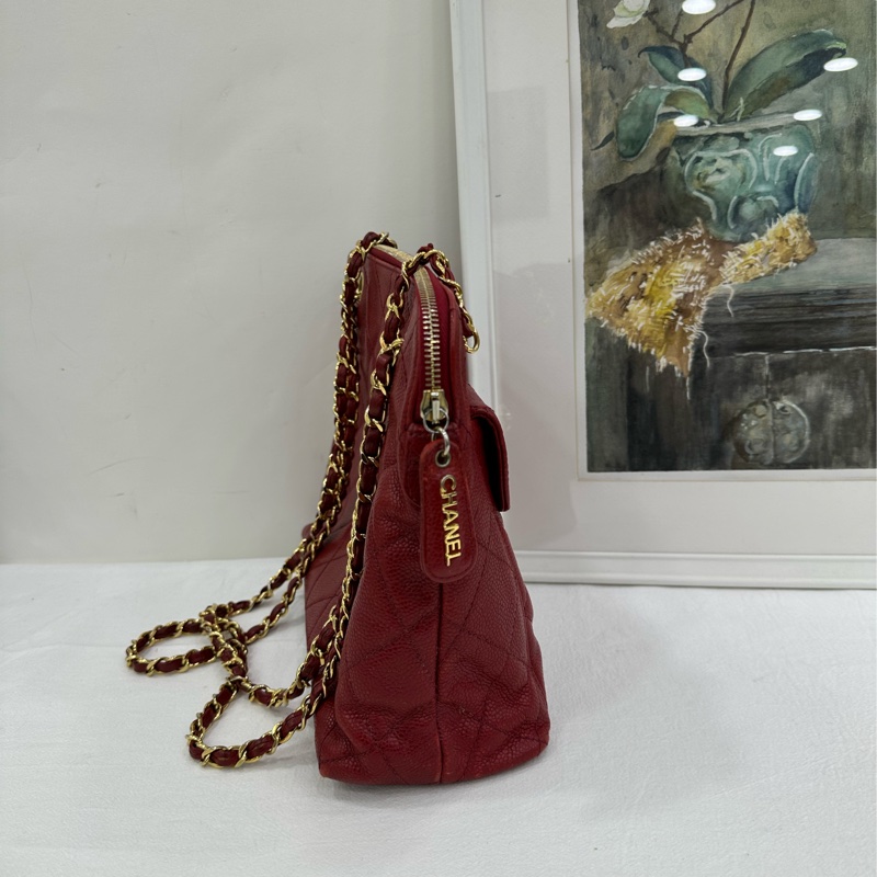 Chanel 香奈兒 vintage 中古魚子醬紅金肩包-4