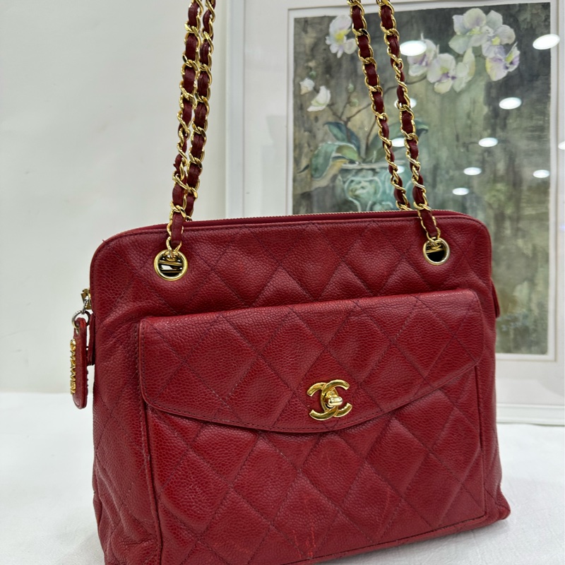 Chanel 香奈兒 vintage 中古魚子醬紅金肩包-6