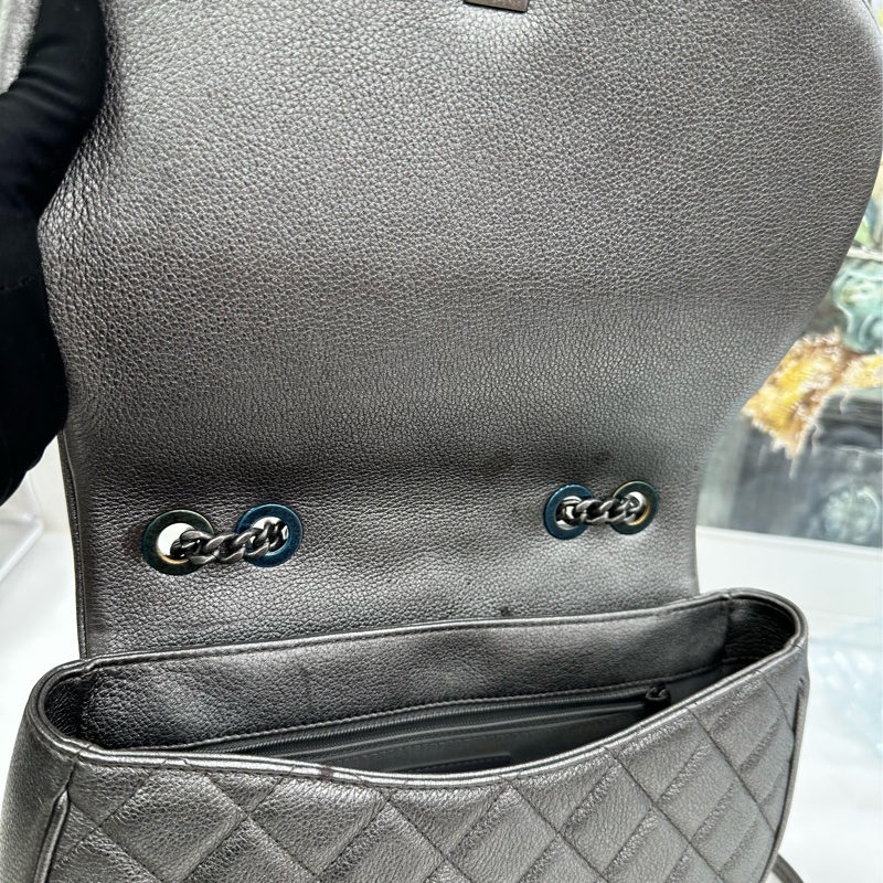 Chanel 香奈兒 銀色牛皮鴛鴦扣 馬鞍包 23開有卡-7