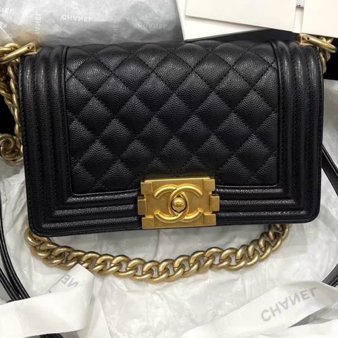 Chanel 黑金荔枝牛皮小號leboy鏈條單肩斜挎包