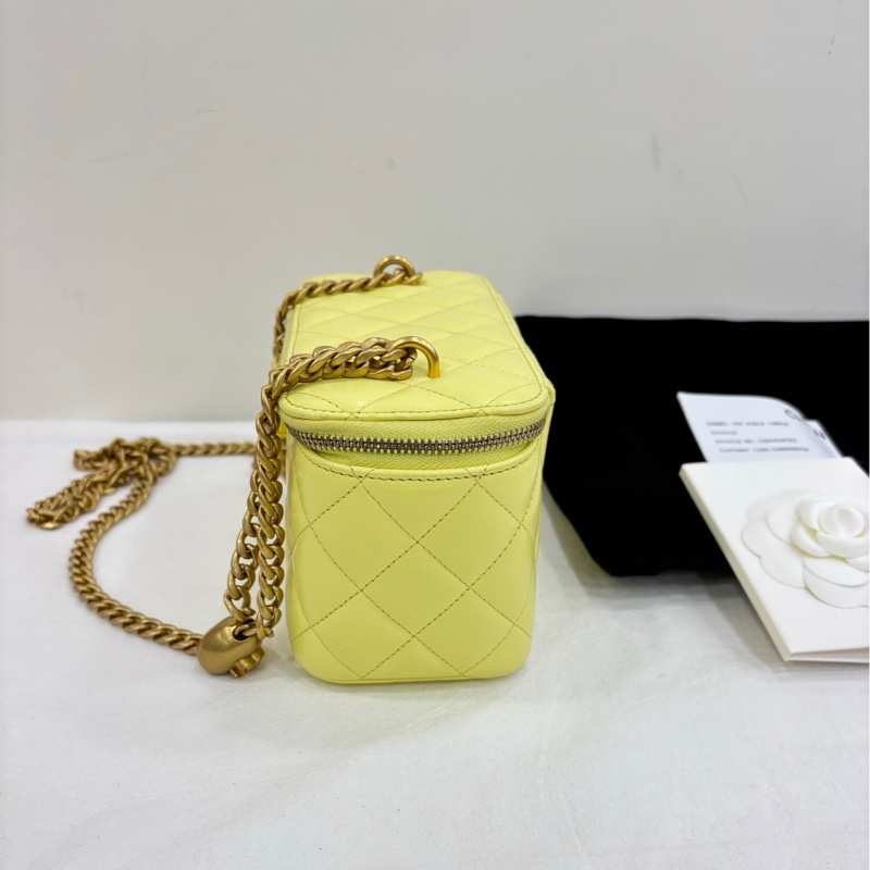 香奈兒/chanel 25C 小雞黃/羊皮/山茶花調整扣長盒包 晶片有購證-3