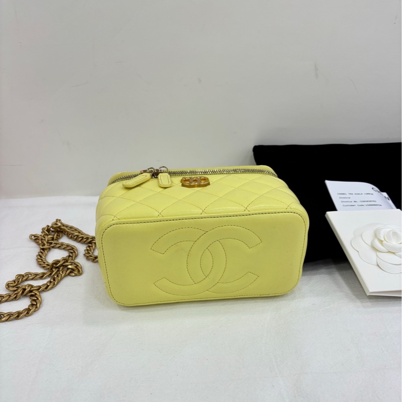 香奈兒/chanel 25C 小雞黃/羊皮/山茶花調整扣長盒包 晶片有購證-4