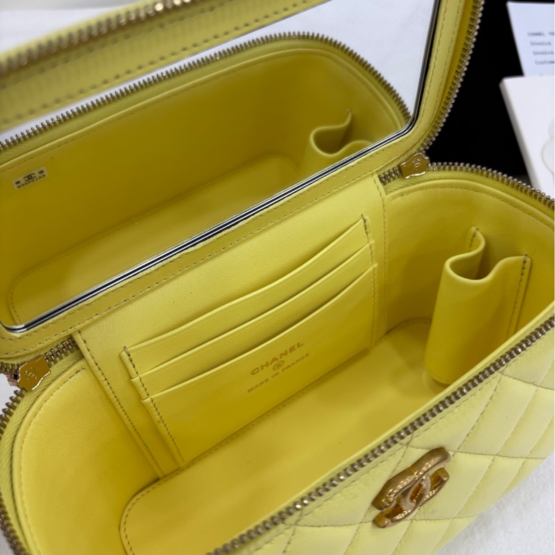 香奈兒/chanel 25C 小雞黃/羊皮/山茶花調整扣長盒包 晶片有購證-5