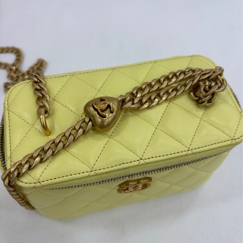 香奈兒/chanel 25C 小雞黃/羊皮/山茶花調整扣長盒包 晶片有購證-7