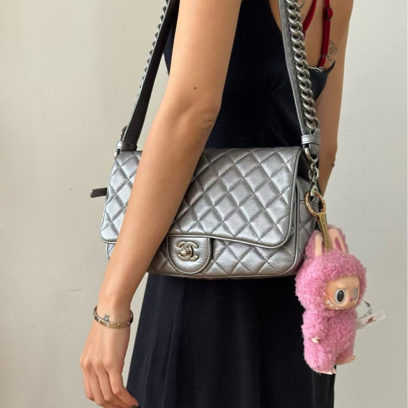 「JL精品代購」香奈兒灰銀色山羊皮cf鏈條包 做舊五金-1