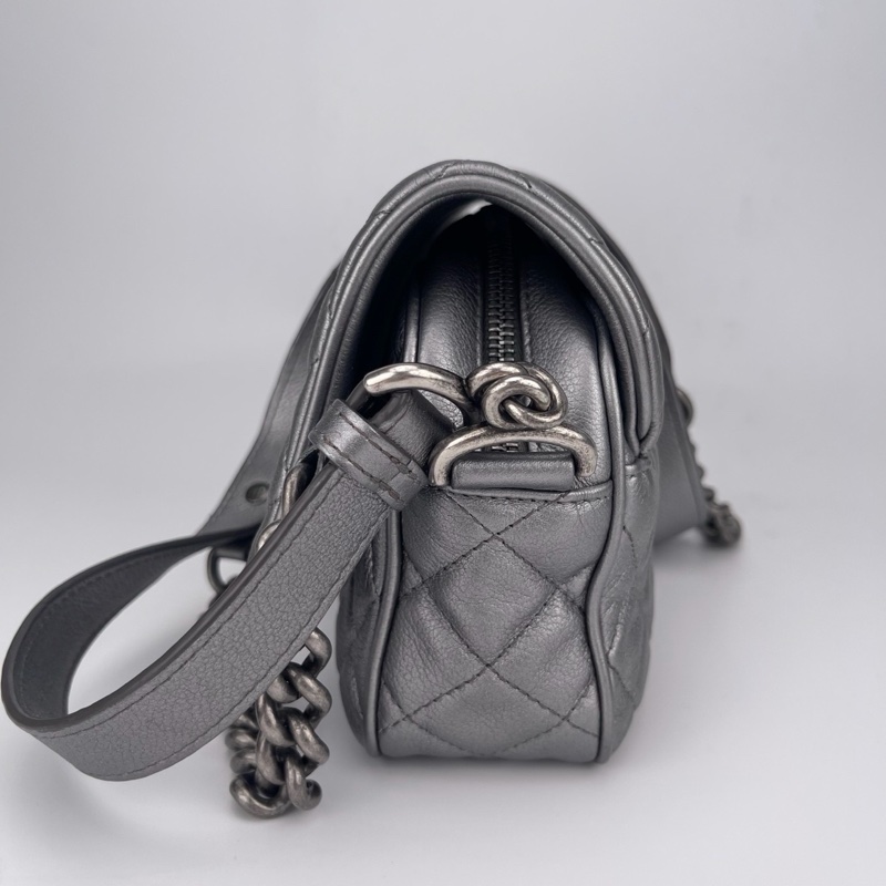 「JL精品代購」香奈兒灰銀色山羊皮cf鏈條包 做舊五金-5