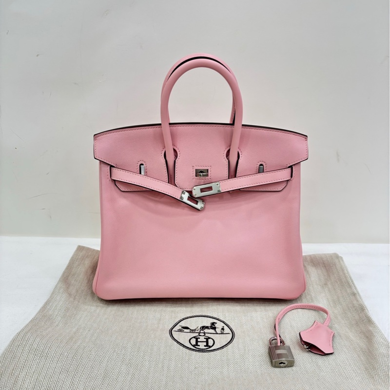 愛馬仕 birkin25 3Q櫻花粉銀扣 swift皮 D刻 99近閒置-0
