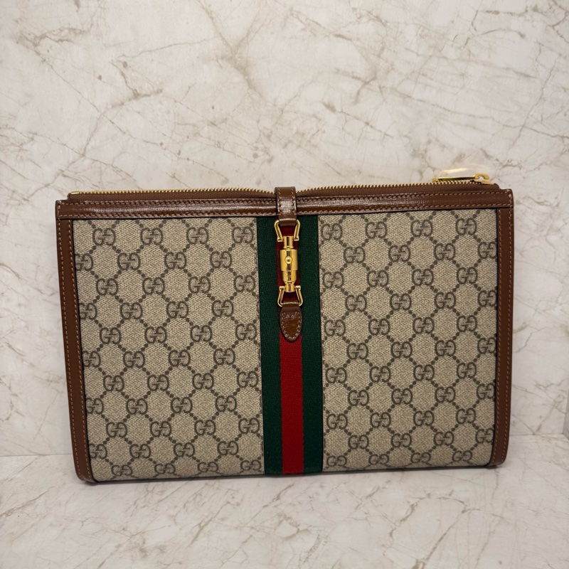 GUCCI紅綠織帶老花手拿包-0