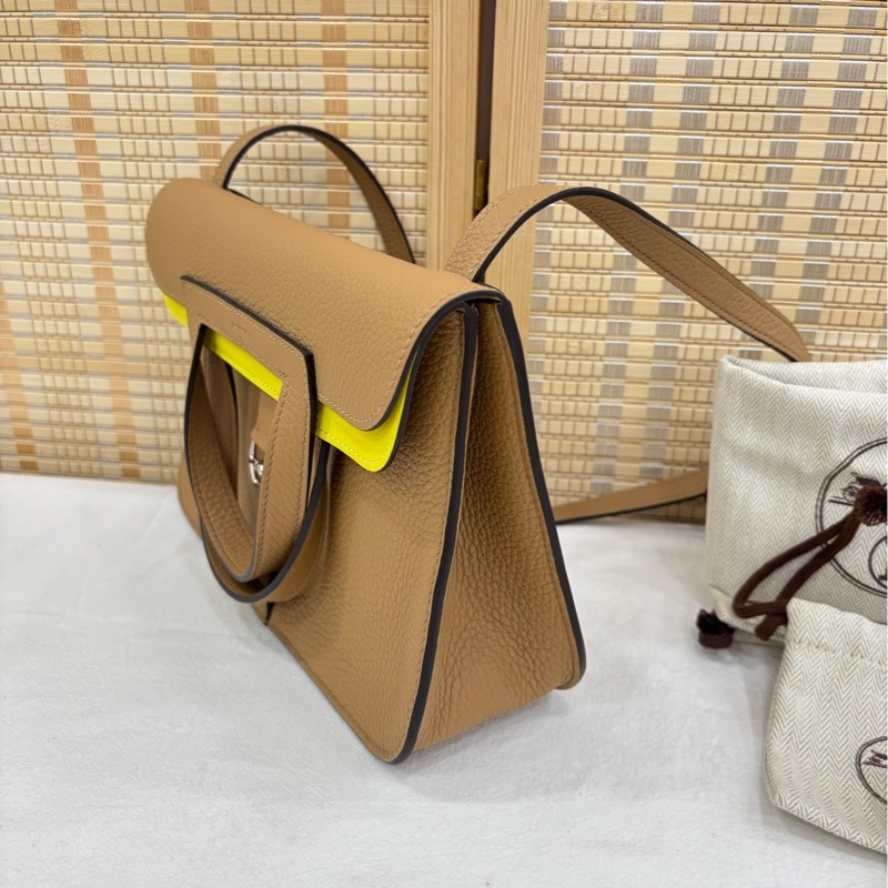 Hermes 愛馬仕 Halzan25 U刻，0M奶茶色拼檸檬黃，tc皮銀扣，99近閒置 有原購證-1