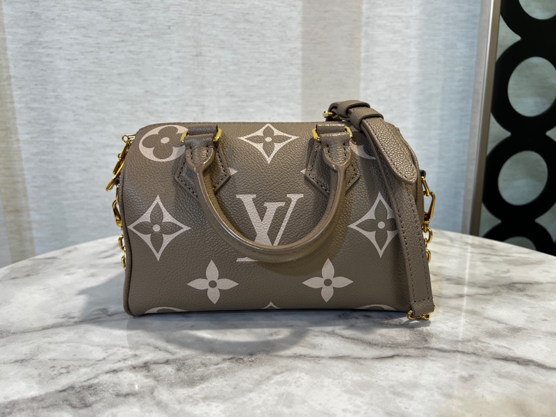 LV斑鳩灰拼奶油白speedy20金釦手提斜背包-0