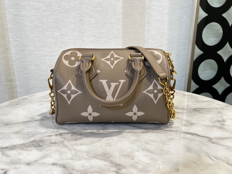 LV斑鳩灰拼奶油白speedy20金釦手提斜背包-1