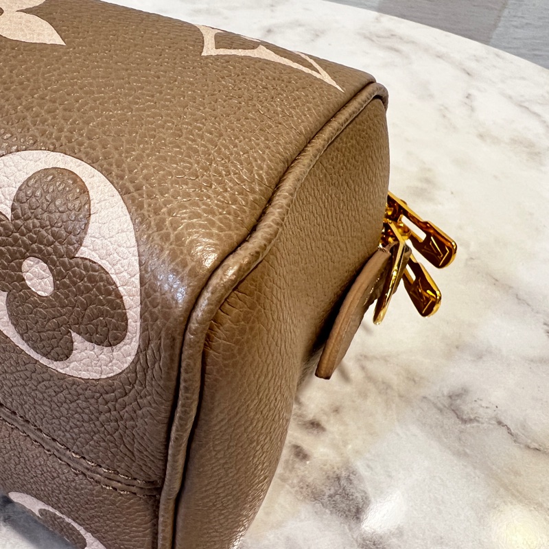 LV斑鳩灰拼奶油白speedy20金釦手提斜背包-10