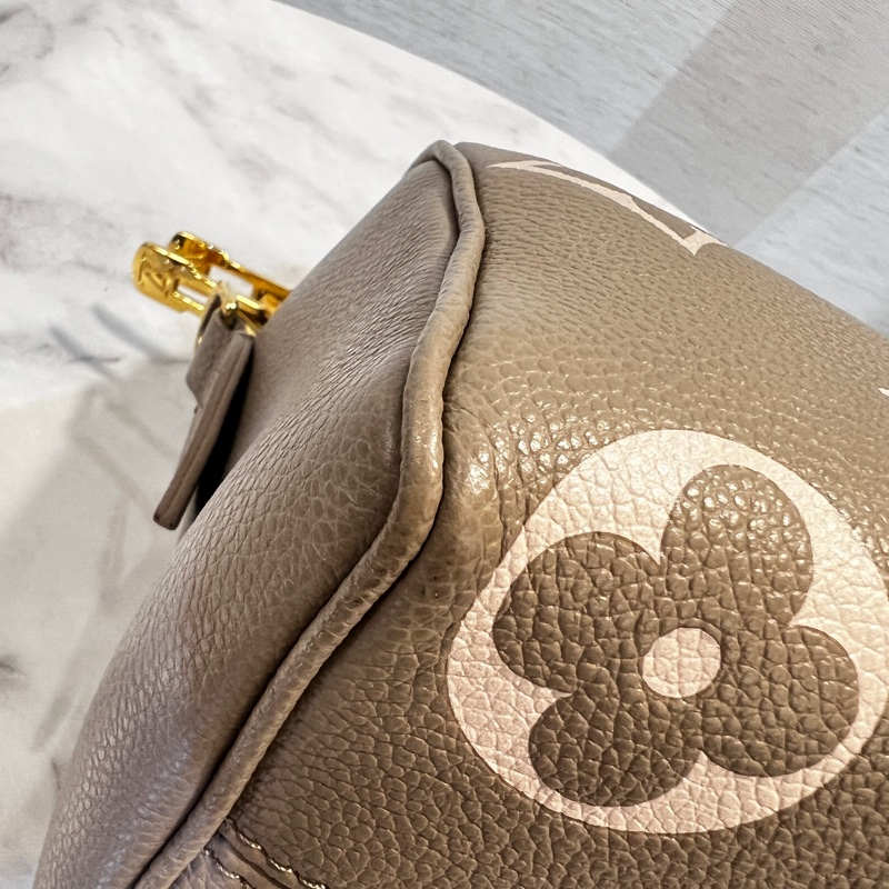 LV斑鳩灰拼奶油白speedy20金釦手提斜背包-12