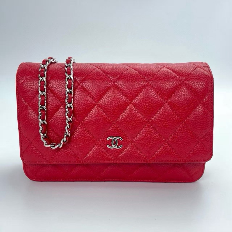 「JL精品代購」香奈兒紅銀荔枝牛皮woc鏈條包-0